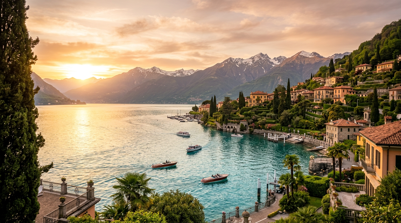 Lake Como at golden hour with cypress trees, villas and the lake stretching toward the Alps