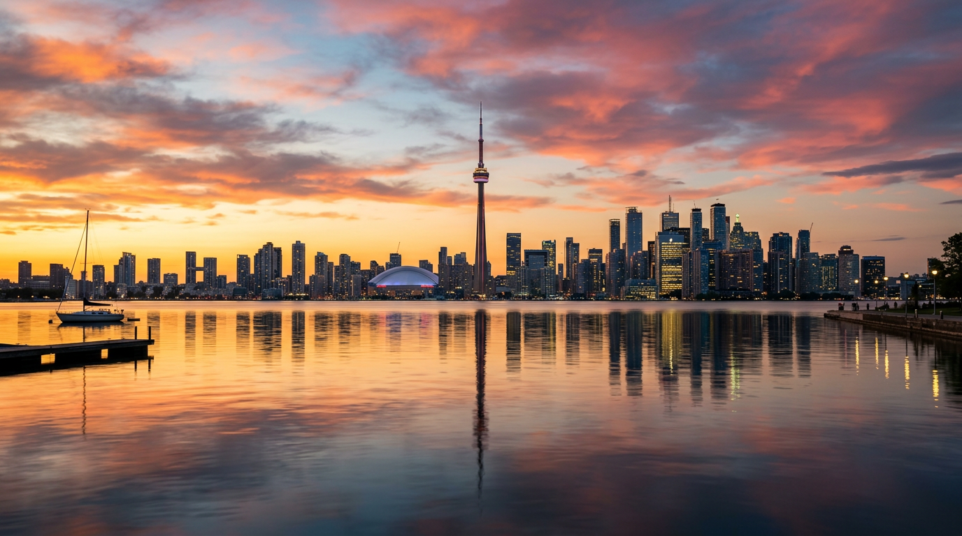 Toronto skyline at golden hour with CN Tower reflected in Lake Ontario
