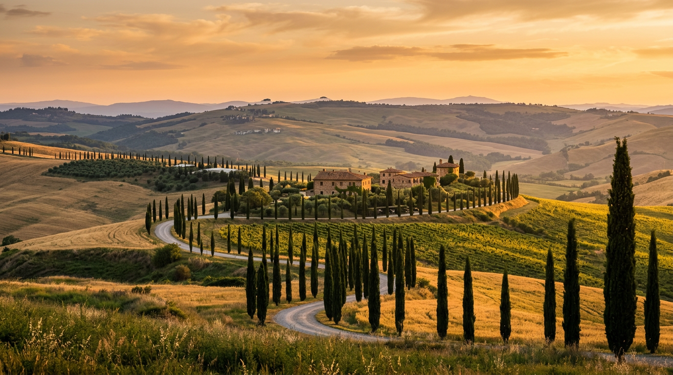 Tuscan rolling hills with cypress trees and golden evening light