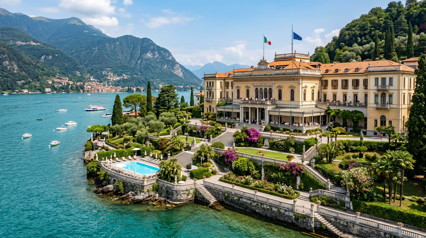 Grand Hotel Villa Serbelloni on the Bellagio promontory with terraced gardens descending to Lake Como